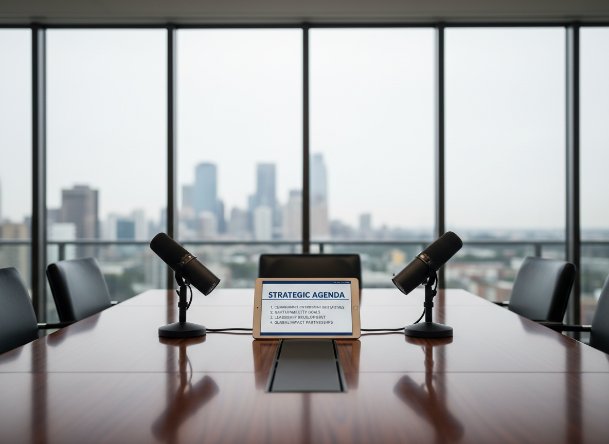 A polished corporate conference table in a glass-walled boardroom, its dark walnut surface impeccably clean except for two neatly arranged podcast-style microphones on low stands, facing each other across the centerline. Between them sits a slim tablet displaying a simple meeting agenda graphic with neutral blues and grays. Outside the glass wall, an urban skyline is softly blurred, visible under overcast daylight that creates diffused, even lighting across the scene. The camera is positioned at table height, emphasizing depth and leading lines toward the microphones. The mood is strategic, collaborative, and high-level, suggesting recorded leadership conversations and speaking engagements. The aesthetic is photographic, structured, and corporate, with balanced composition and a subtle sense of gravitas appropriate for seasoned professionals discussing impact and community uplift.