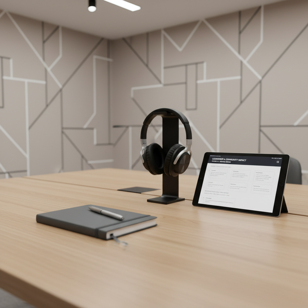A modern podcast planning workspace with a large, light oak desk supporting a neatly arranged set of tools: a closed, slate-gray notebook with a pen aligned precisely on top, a tablet showing a clean episode outline, and over-ear studio headphones resting on a minimal metal stand. Behind, a neutral beige wall features a simple geometric print in black and white. Overhead, soft studio lighting creates an even, flattering illumination with minimal shadows, emphasizing clean lines and balanced composition. Shot from a slightly elevated angle, the foreground elements are sharp while the distant wall is gently out of focus. The atmosphere feels organized, intentional, and strategic, reflecting thoughtful content planning and corporate-level professionalism for a podcast about leadership and community impact.