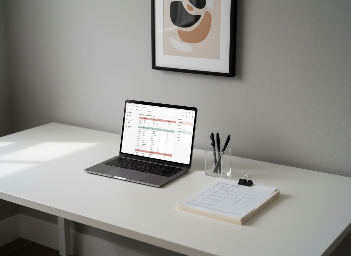 A minimalist volunteer coordination workspace featuring a large, clean white desk holding a slim laptop open to a simple dashboard with organized task lists and calendar blocks in soft muted colors. Next to it, a stack of neatly printed volunteer forms is clipped with a matte black binder clip, and a small, clear acrylic organizer holds a few carefully aligned pens. The background shows a neutral gray wall with a single framed abstract artwork in black and sand tones. Soft morning light from the left creates gentle gradients and subtle shadows, emphasizing the order and clarity of the setting. Shot from a slightly elevated three-quarter angle, everything is in sharp focus. The photographic style is modern and understated, communicating structure, reliability, and the professionalism of coordinating community service opportunities for women of color leaders.