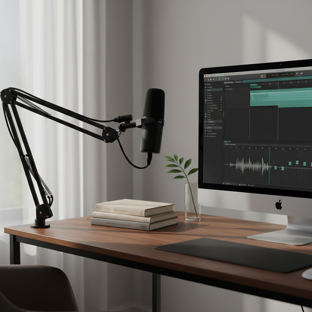 A refined, professional home studio corner showcasing a matte black podcast microphone on a slim boom arm extending over a slim, dark wood desk. A large, high-resolution monitor displays a clean audio-editing interface with muted teal and gray accents. To one side, a small stack of business books with neutral covers is aligned precisely, and a minimalist glass vase holds a single green stem for a touch of life. Natural afternoon light filters through sheer white curtains, creating soft, directional illumination and delicate shadows. The composition follows the rule of thirds, with the microphone anchored in the left third and the screen in the right. Photographic realism and a restrained color palette of blacks, whites, and soft earth tones convey a serious yet inviting space for thoughtful conversations about career journeys and giving back.
